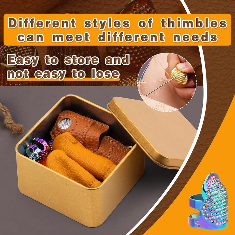 Ftyiwu Sewing Thimble, Hand Sewing Thimble with Storage Box, Adjustable Metal Sewing Thimble, Leather Finger Protector, DIY Hand Sewing Tool Accessories - Image 3